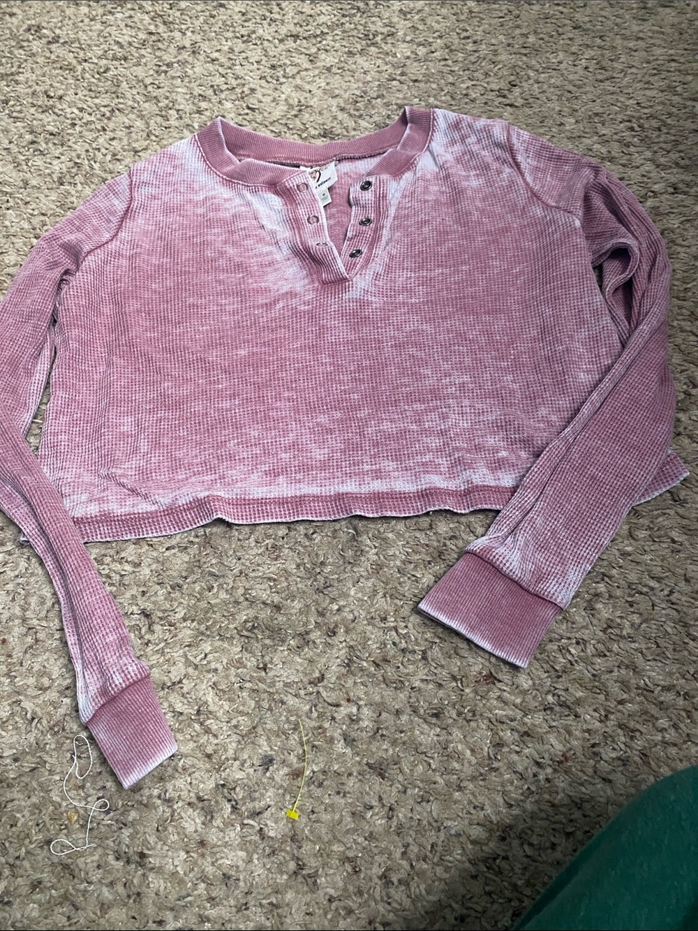Self Esteem Washed Pink Waffle-Knit Henley Crop Top